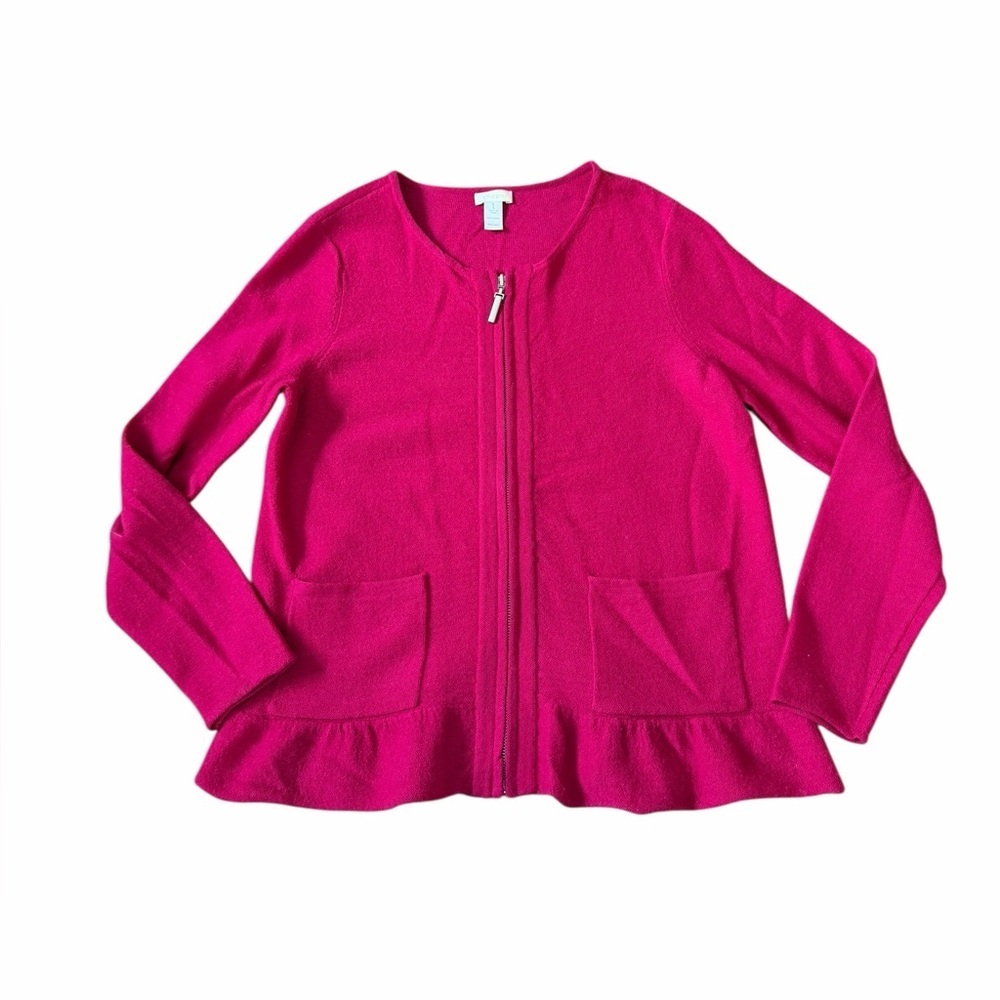 Chico's Fuchsia 100% Wool Zip Up Cardigan Sweater Jacket Women’s Sz 1 (Med/8)
